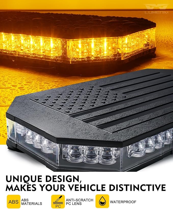 LUMENIX Amber 42 LED Rooftop Strobe Beacon Lights Magnetic Emergency Warning Traffic Flashing Light Bar for Construction Vehicles Snowplow Trucks Mail Postal (American Flag Pattern | Patented Design)