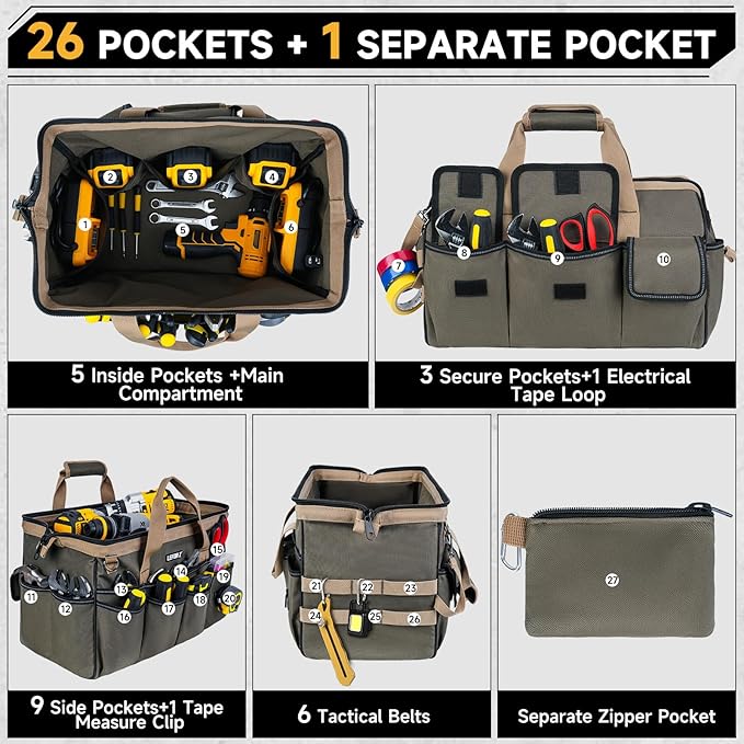 Tool Bag,16-Inch Heavy Duty Tool Bags for Men,27 Pockets Tool Box Organizer Storage,Wide Mouth Toolbag Tools Tote Carrying Case for Dad,Mechanic,Electrician,Bag Only