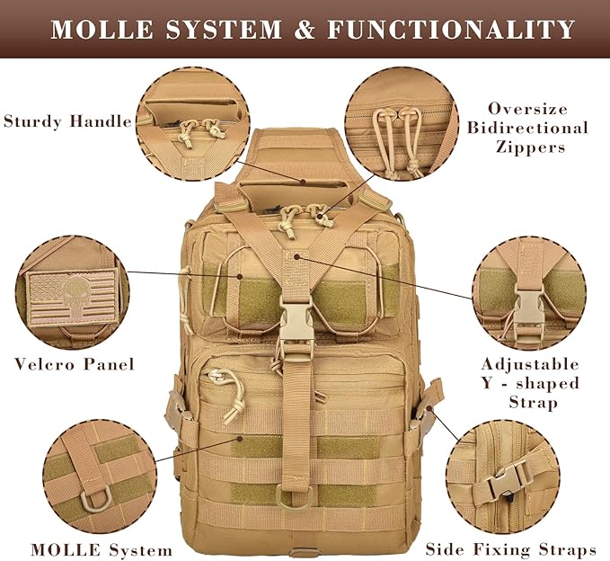 15L Compact Tactical Sling Bag, Military Shoulder Sling Pack for Men's EDC, Molle Assault Range Bag Crossbody Chest Pack for Outdoor Adventures (07-Khaki)