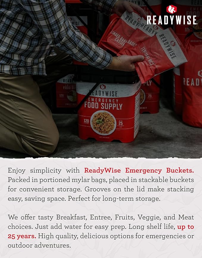 ReadyWise 30 Day Emergency Food Supply - 296 Servings, 2 Buckets, Freeze Dried Protein Meals, Survival Food Storage, Ready to Eat, up to 25 Year Shelf Life