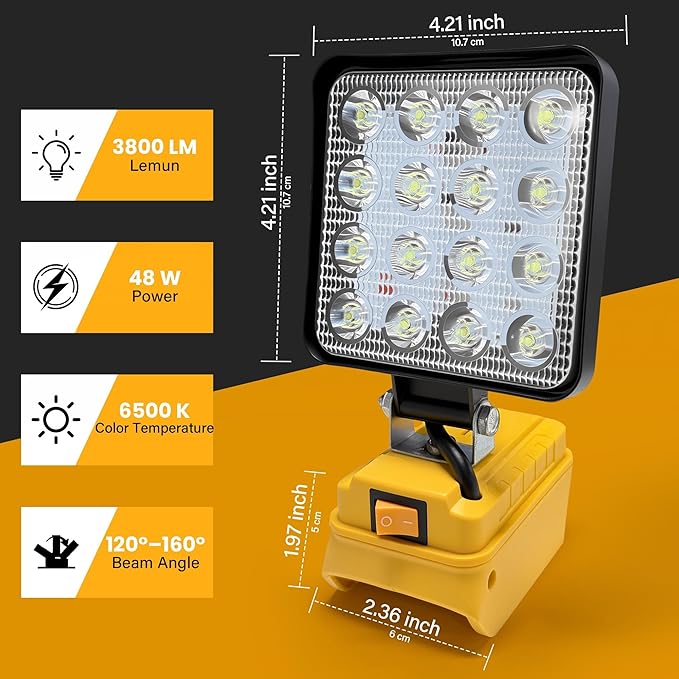2pcs Cordless Work Light Compatible with DEWALT 20V Battery.48W 3800LM Wide Beam Flood Light with Two USB Charging Port Flashlight for Emergency,Workshop,Garage.(No Battery)