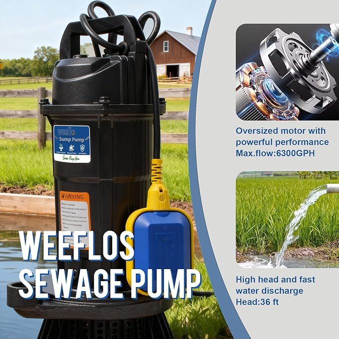 Weeflos 1.6HP Submersible Sump Pump, Automatic ON/OFF, 6300 GPH High Flow, 36ft Max Head, for Dirty Water Removal, Flooded Basement, Swimming Pool Cover, Hot Tubs, Lightweight Aluminum (1HP/36FT)