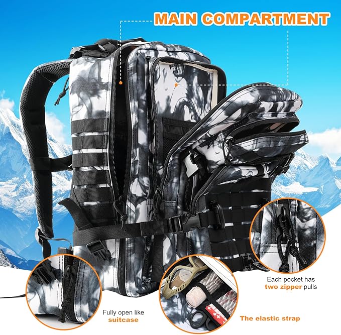 MOLLE Assault Backpack, Tactical Backpack Military Army Camping Rucksack, 3-Day Pack Trip w/USA Flag Patch, D-Rings, Black White camo
