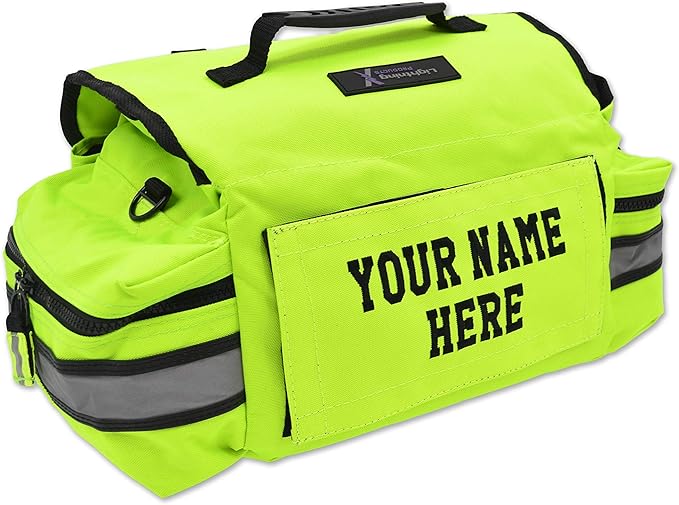 Lightning X Personalized First Responder EMT EMS Trauma Bag w/Stocked First Aid Fill Kit B & Custom Embroidered Name Patch (Fluorescent Yellow)