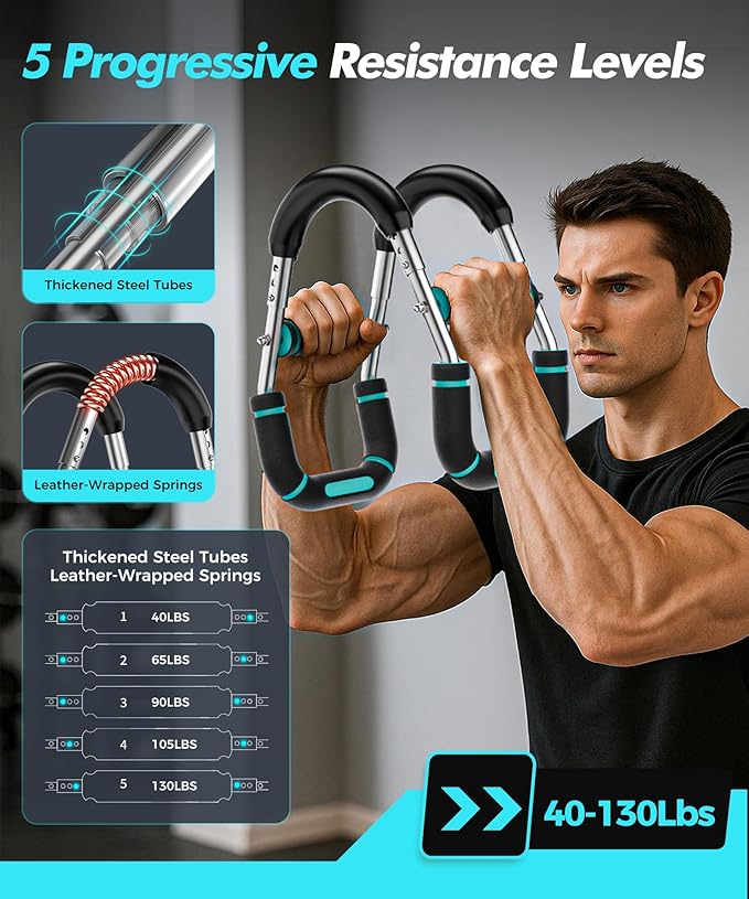 Twister Arm Trainer, Adjustable 5 Resistance Levels (40-130 lbs) Chest & Arm Workout Equipment for Men & Women, Ergonomic Home Gym Strength Trainer with Anti-Slip Handles & Carry Bag