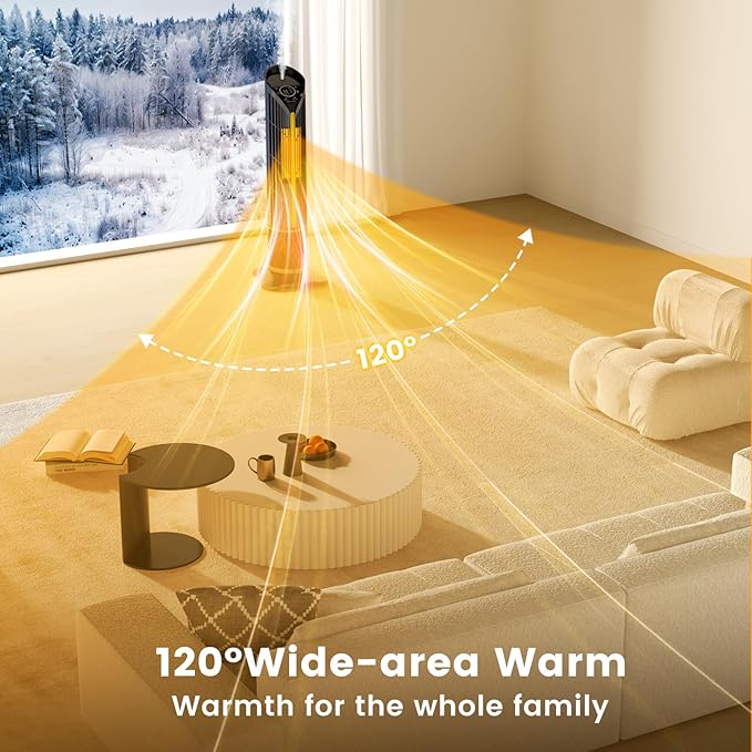 VCJ 28" Space Heaters, 1500W 12H Timer Electric Heater for Indoor Use, Remote, 120° Oscillation, Water Mist, Overheat & Tip-Over Protection, Quiet Portable Tower Heater for Bedroom Living Room Garage