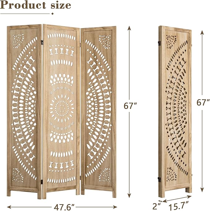 WelFurGeer Handcrafted Carved Wooden Room Divider Screen, Folding Privacy Screen for Room Separation, Decorative Room Dividers, 360° Adjustable Folding Panels for Privacy, Home, Office & Patio