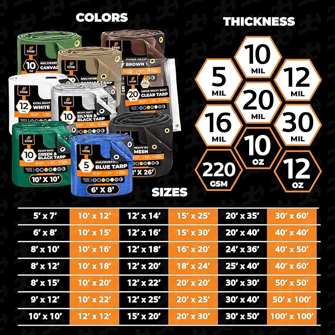 Multipurpose Protective Cover Brown Poly Tarp 12' x 12' - Durable, Water Resistant, Weather Resistant - 5 Mil Thick Polyethylene - by Xpose Safety