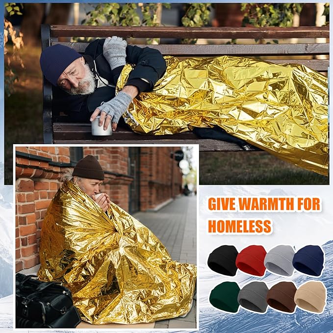 120 Pcs Emergency Blanket Beanie Hat Bulk Homeless Package Care Supplies Survival Kit for Cold Weather Outdoor Camping Hiking (Neutral)