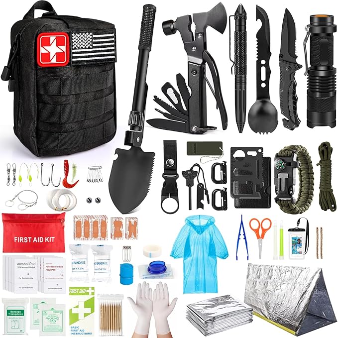 Survival Kits,222 PCS Emergency Survival Gear First Aid Kits with Molle System Compatible Bag Outdoor Camping Gear Emergency Kits for Hunting,Hiking,Fishing, Gifts for Men Women