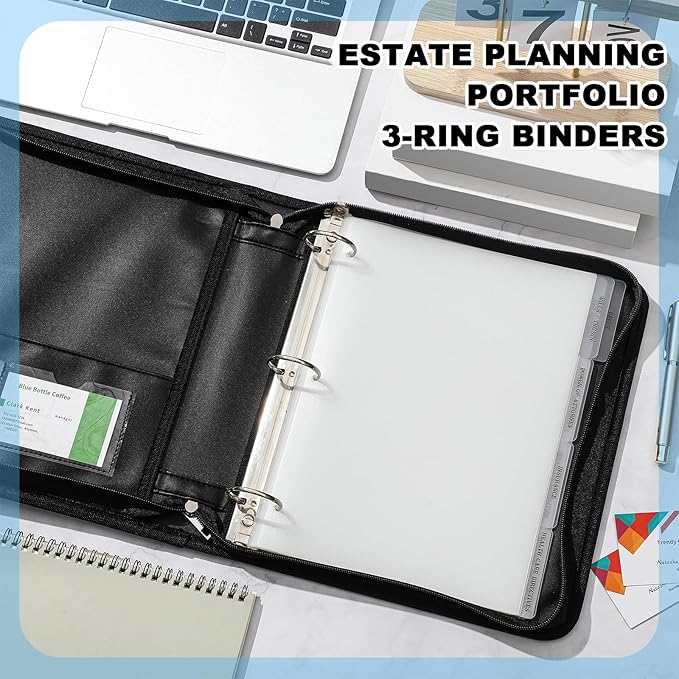 Henoyso Fireproof Estate Planning Portfolio Black 1.5" 3 Ring End of Life Binder with Zip Estate Planning Organizer for Wills, Trusts, Powers of Attorney, 12 Indexed Dividers Included