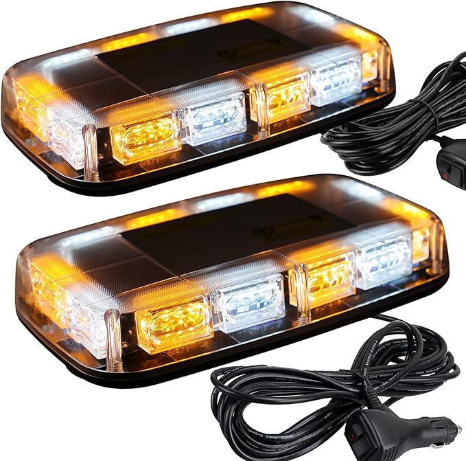 ASPL 2pcs 48LED Roof Top Strobe Lights, High Visibility Emergency Safety Warning LED Mini Strobe Light bar with Magnetic Base for 12-24V Snow Plow, Trucks, Construction Vehicles (Amber/White)