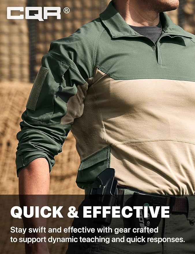 CQR Men's Combat Shirt Tactical 1/4 Zip Long Sleeve Military BDU Shirts Camo EDC Top with Pockets