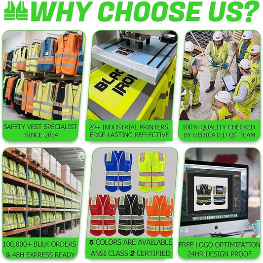 BeautyWill 10 Pack Custom Logo Safety Vest ANSI Class 2 High Visibility Reflective Vest Personalized Construction Vest Bulk