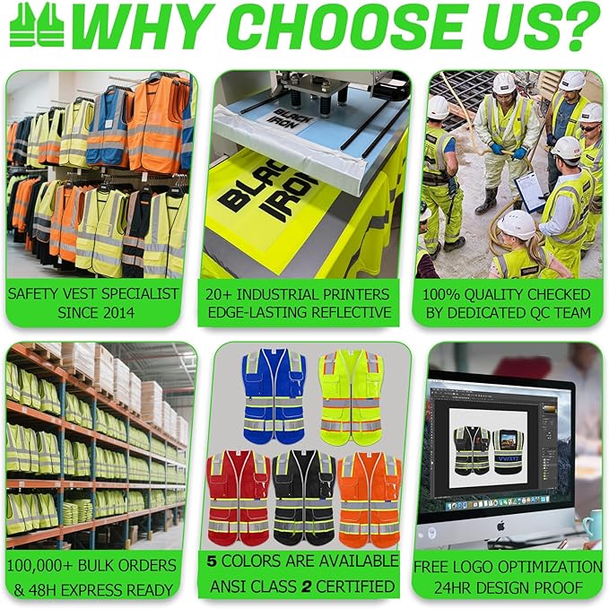 BeautyWill 10 Pack Custom Logo Safety Vest ANSI Class 2 High Visibility Reflective Vest Personalized Construction Vest Bulk