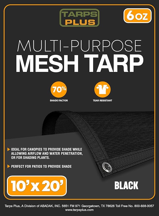 UV Resistant Black Mesh Tarps 10' x 20' - Rip & Tear Proof Resistant Polyethylene Mesh for Plant Garden, Greenhouse House Patio, Car, Truck, Boat or RV, 70% Sunblock Shade