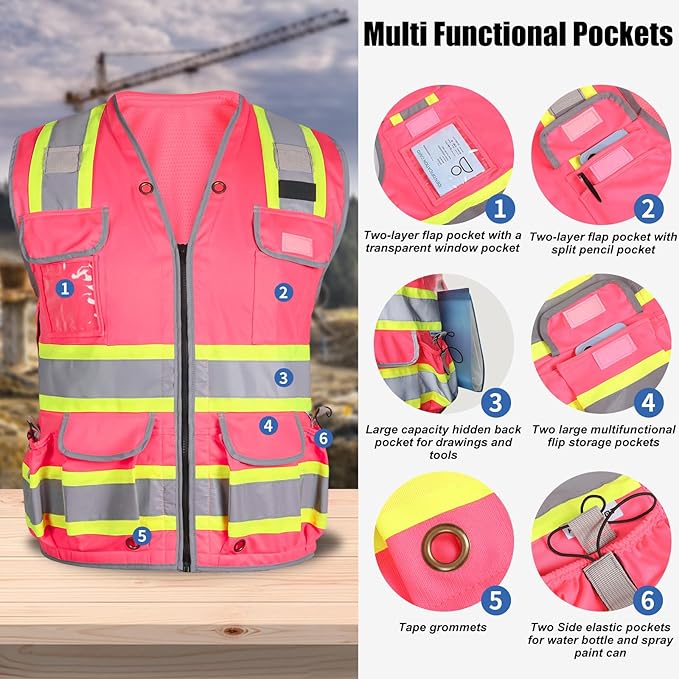 HYCOPROT Reflective Safety Vest Class 2 High Visibility Heavy Duty Construction Vest with Padded Neck,Meet ANSI/ISEA Standard