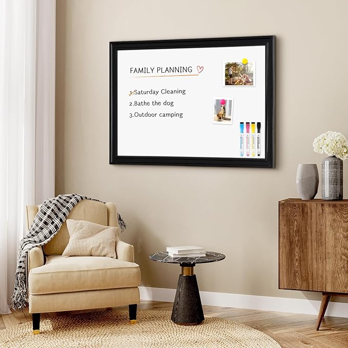 4 THOUGHT Dry Erase Board, 24 x 36 in Magnetic Whiteboard Black Vintage Wood Frame Wall-Mounted White Board Decorative Notice Board for School, Office, Home, Kitchen with 8 Magnets 4 Markers 1 Eraser