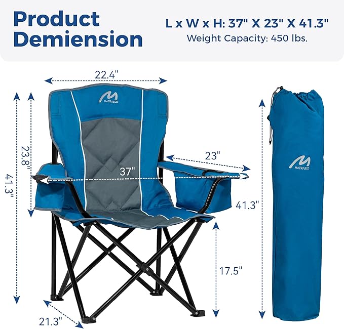 Oversized Padded Camping Chair, Heavy-Duty Steel Frame for 450 lbs Supports, Convenient 6-Can Cooler, Portable Carry Bag, Perfect for Outdoor, Beach, and Hiking (Blue & Gray)