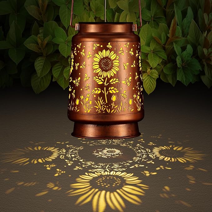 Solar Lantern Outdoor Hanging Waterproof Outside Metal Openwork Hummingbird Pattern Birthday Gifts for Women Mom Landscape Lights for Porch Garden Yard Patio Pathway Decor(Sunflower + Bee)