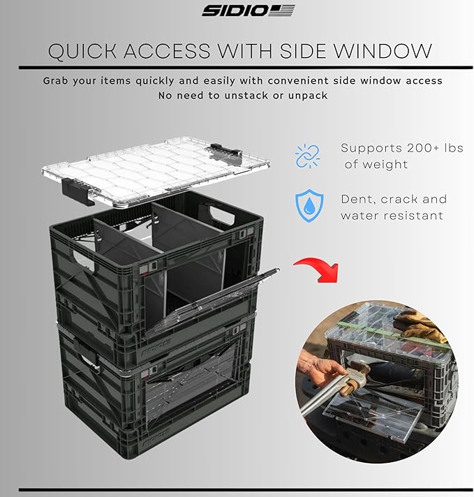 SIDIO Full-Size Collapsible Crate - Heavy Duty Stackable Storage Bin with Lid & 2 Short-Ways Dividers, Durable Plastic Organizer for Home, Office, Garage & Outdoor Use (Sidio Blue)