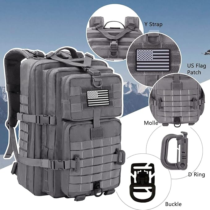 MOLLE Assault Backpack, Tactical Backpack Military Army Camping Rucksack, 3-Day Pack Trip w/USA Flag Patch, D-Rings, Grey