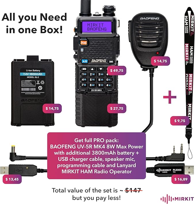 Mirkit UV-5R MK4 8W Extra Pack Two Way Radio - Walkie Talkies VHF/UHF 144-148/420-450 mhz Ham Radio with Baofeng Accessories: Battery 3800 mAh, Baofeng Speaker Mic and Programming Cable