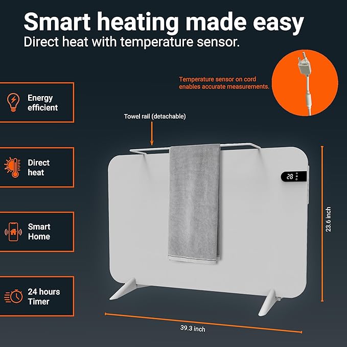 Könighaus 800W Smart Dual Space Heater – Wall heater and mobile use – WiFi App Control & Remote – Includes Towel Rack, Stand Feet & Mounting Kit – Color: White
