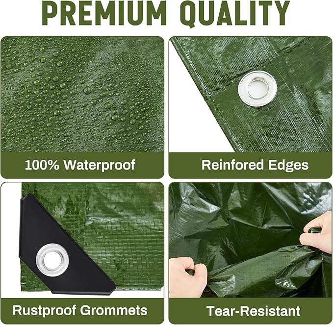 8 Pack 6 x 8 ft 5.5 Mil Large Tarps Heavy Duty Waterproof Tarp Multi Purpose Tent Cover for Home Boats Cars Camping Patio Furniture Roof Emergency Rain Protective Cover, Army Green