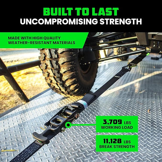 Rhino USA Car Tie Down Straps for Trailers with J Hooks (4-Pack) – 2" x8' (10,000lb Break Strength) – Heavy Duty Car Hauler Tire Straps with Axle Straps for UTV, Powersports & More – Black