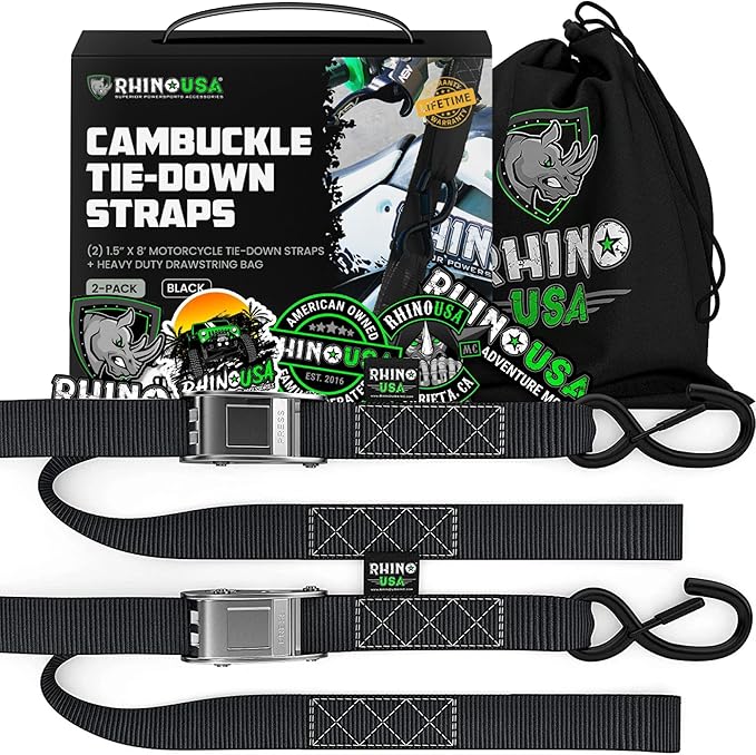Rhino USA Motorcycle Tie Down Straps (2 Pack) Lab Inspected 2,200lb Break Strength, Steel Cambuckle Tiedown Set with Integrated Soft Loops - Better Than a Ratchet Strap (Black 2-Pack)