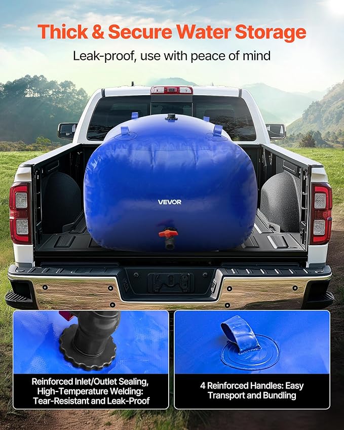 VEVOR Water Storage Bladder, 400L/105.7Gallon Water Storage Container Tank, 1000D PVC Large Capacity Soft Bag Bladder, Foldable Portable for Garden Irrigation, Camping, RV, Fire Prevention - Blue
