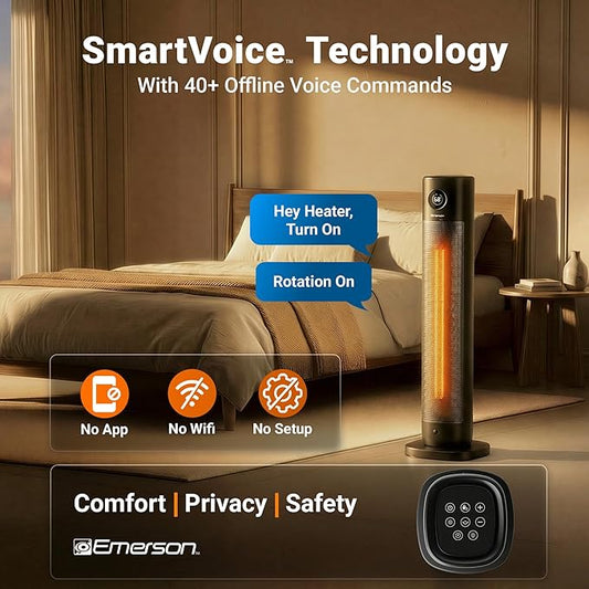 Emerson SmartVoice 32" Tower - Space Heater, Offline 40+ Voice Control Commands, No APP, No WIFI, No Setup, 1500W Heating, 65° oscillation, 9-Hr Sleep Timer, w/Remote Control