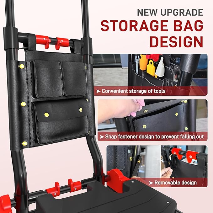 Folding Hand Truck, 2 in 1 Portable Heavy Duty Carrying Moving Dolly Cart with 4 Foldable Wheels and Retractable Handle Duty 330lbs (Red with Folding Basket)