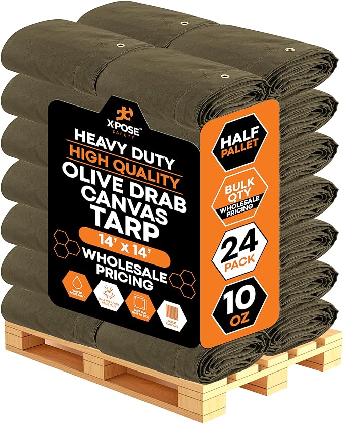 Xpose Safety 10oz Olive Drab Canvas Tarps 14' x 14' – Bulk Half Pallet (24 Packs) – Multipurpose Heavy Duty Water-Resistant Tarpaulin with Brass Grommets for Camping, Canopy & Equipment Protection