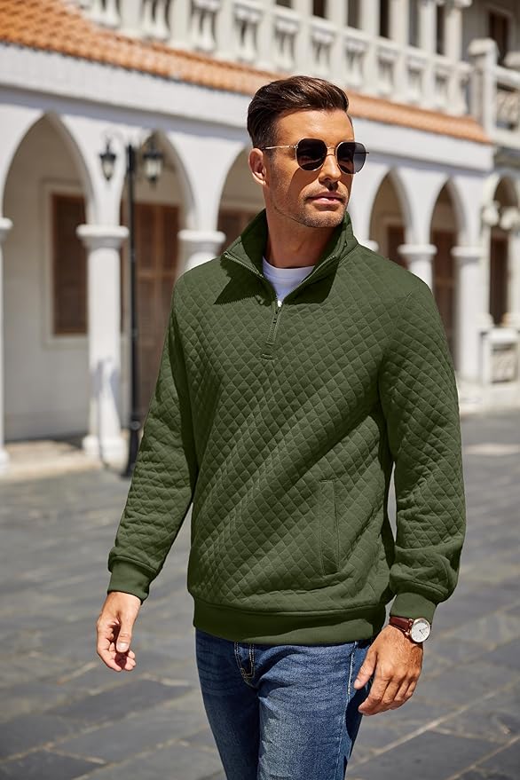 COOFANDY Mens Quarter Zip Pullover Quilted Sweatshirt Knit Long Sleeve Mock Neck Sweater Polo with Pocket