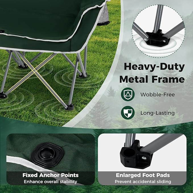 Tangkula 2 Person Camping Chair, Portable Oversized Outdoor Folding Camp Chair Loveseat with Padded Seat, Cup Holder, Carry Bag, Heavy Duty Lawn Chair for Beach, Fishing, Travel (2-Person,Green)
