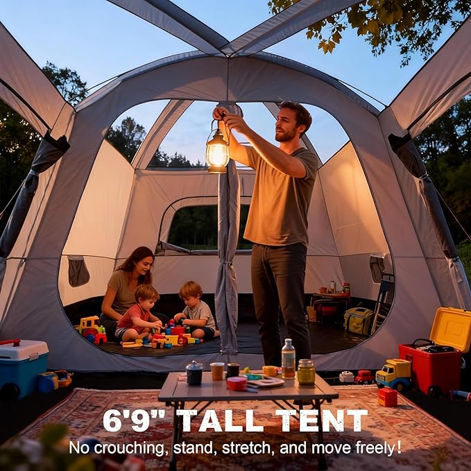 8-10 Person Camping Tent, Large Family Cabin Tents with Porch & Rainfly, Double Layer Waterproof Glamping Tent with 2 Rooms 3 Doors, Portable Big Tents for Outdoor Camping Hiking Party