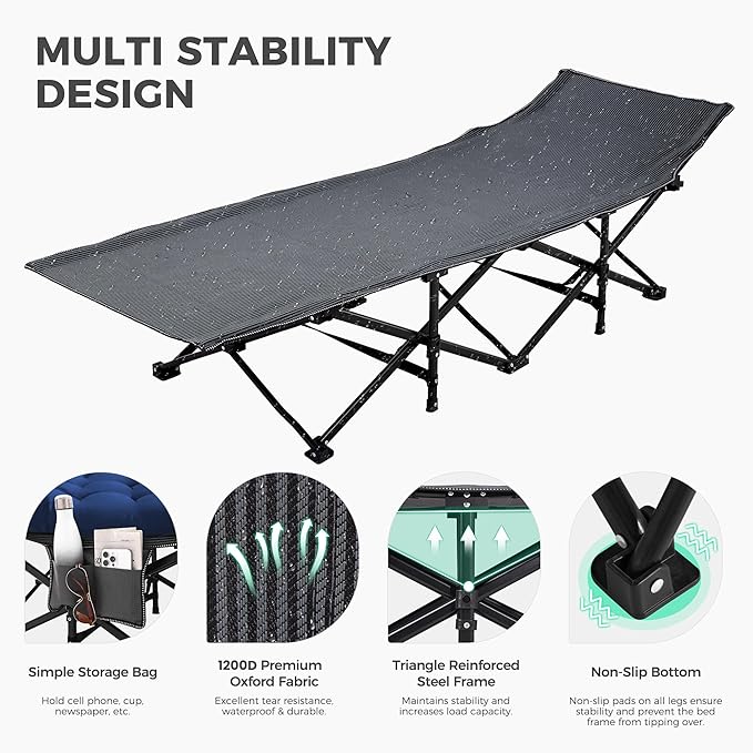 JEAREY Folding Camping Cot for Sleeping, Camping Cots for Adults with Mattress, 1200D Double Layer Oxford Portable Folding Cot Bed with Carry Bag for Guest, Travel, Hiking, Navy