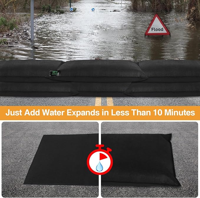 MFR Water Activated Flood Bags for Flooding, Home, Doorway, Driveway, Garage Sandless Sand Bags for Anti Flood Barrier 2ft x 1.3ft, 6-Pcs