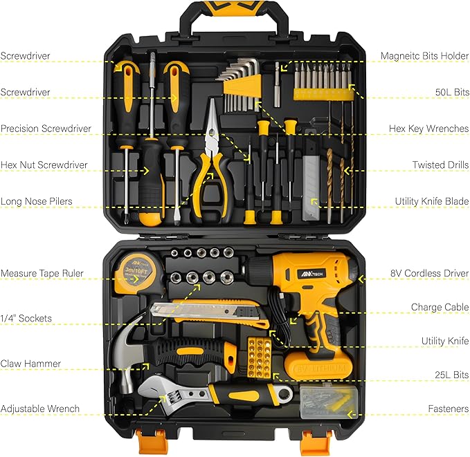 Drill Set, Tool Kit with 8V Power Cordless Drill, Household Repair Tool for Men Women, 154 Piece for Home, Car, Garage, Portable Toolbox Storage Case