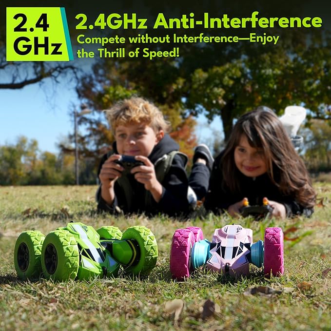 Remote Control Car RC Cars Toys for Boys Girls Ages 6-12, Upgraded USB-C Modular Batteries, Threeking 4WD Stunt Car with Breathing Soft Lights, Double-Sided Driving & 360° Flips, Presents Gifts, Green