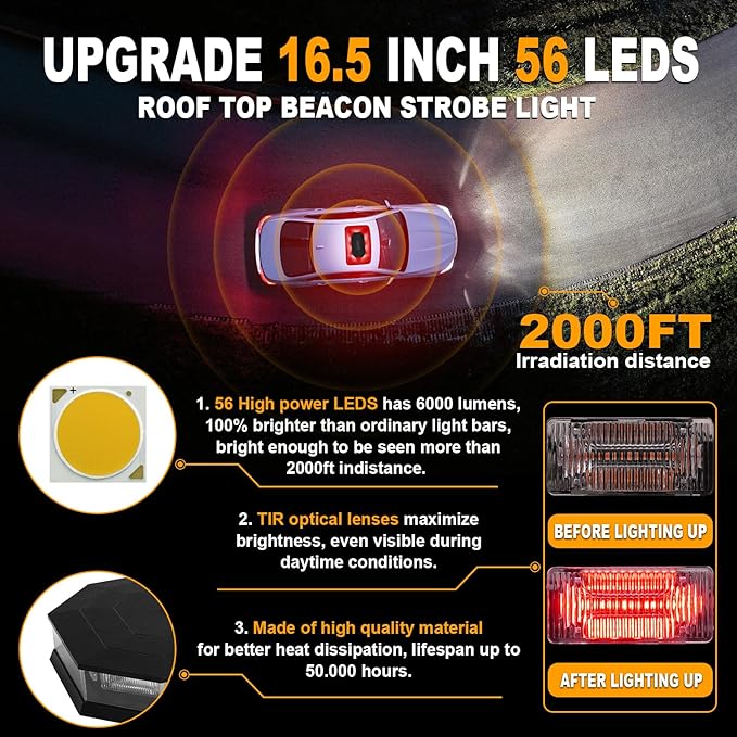 ASPL 16.5 Inch Roof Top Beacon Emergency Strobe Light - 56 LED Magnetic Warning Caution Bar for Traffic Hazard Plow - Trucks Vehicles Construction Snowplow (Red/White)