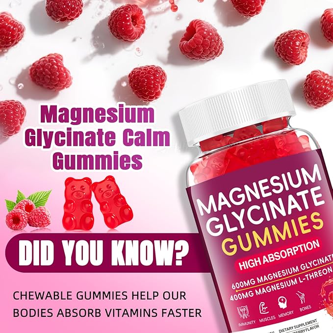 Magnesium Glycinate Gummies 600mg, High Absorption Magnesium Gummies with L-Threonate, Calcium, Vitamin B6, Sugar Free Chews for Adults & Kids Relaxation, Stress Relief Raspberry (60 Count)