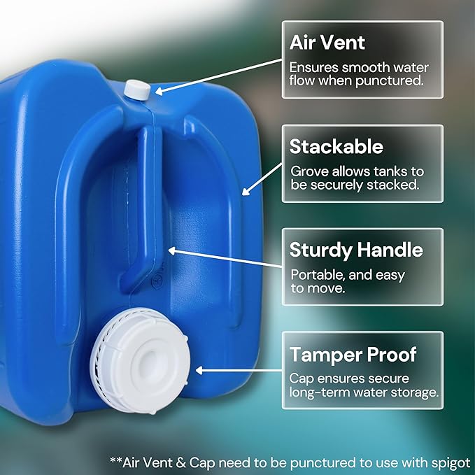 5-Gallon Stackable Water Tanks for Long-Term Emergency Storage | Complete Water Storage Kit for Survival with Lids, Spigot, Water Treatment, Hose & Faucet Attachment (2 Tanks (10 Gallons))