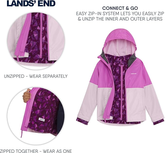 Lands' End Unisex Kids 3-in-1 Water Resistant Windbreaker and Zip-out Polar Fleece Jacket