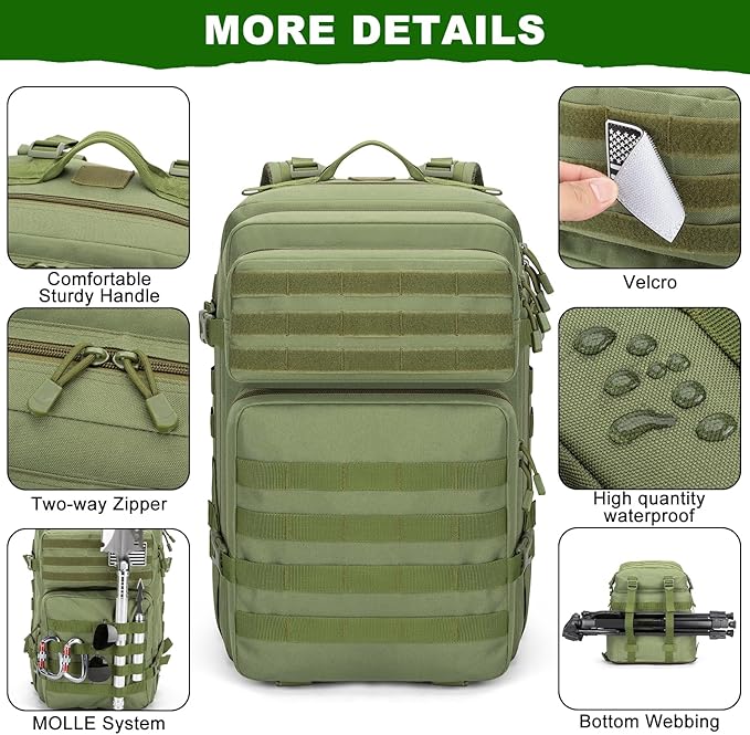 Tactical Backpack 45L Army Military Rucksack, Water Resistant MOLLE Pack, Large 3 Day Bug Out Bag for Men & Women, Durable Outdoor Gear for Hiking, Camping, Hunting, Travel(ArmyGreen)