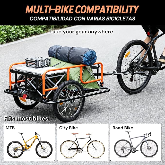 SEKAM Bike Cargo Trailer, 198 lbs Load Capacity, Foldable Bicycle Trailer with Reflectors & Universal Hitch, Heavy-Duty Utility Bike Cart for Camping & Shopping (Orange)