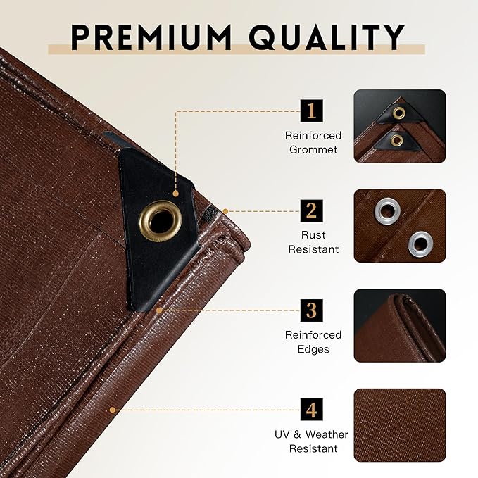 Tarp 20x20FT, 18 Mil Heavy Duty Large Tarps, 100% Waterproof Tarp, UV Resistant, Brass Grommets and Reinforced Edges.Brown Tarp Suitable for Courtyards, Cars, Camping, Gardens, Pet Nests -by Mvpnet