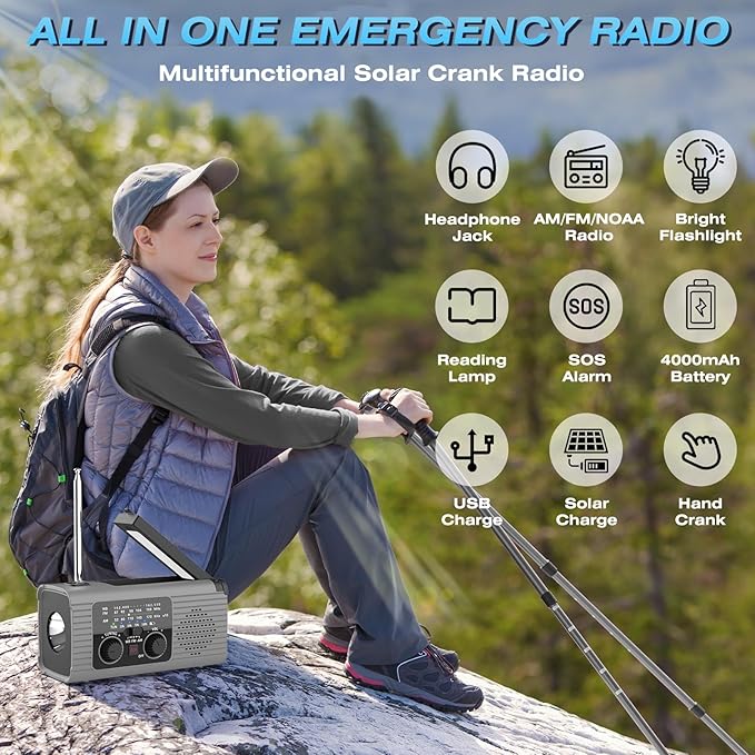 Emergency Radio 4000mAh Solar Hand Crank AM/FM/NOAA Portable Weather Radio with Phone Charger, LED Flashlight, Reading Lamp, SOS Alarm, Headphone Jack for Indoor Outdoor Emergency, USB Charged